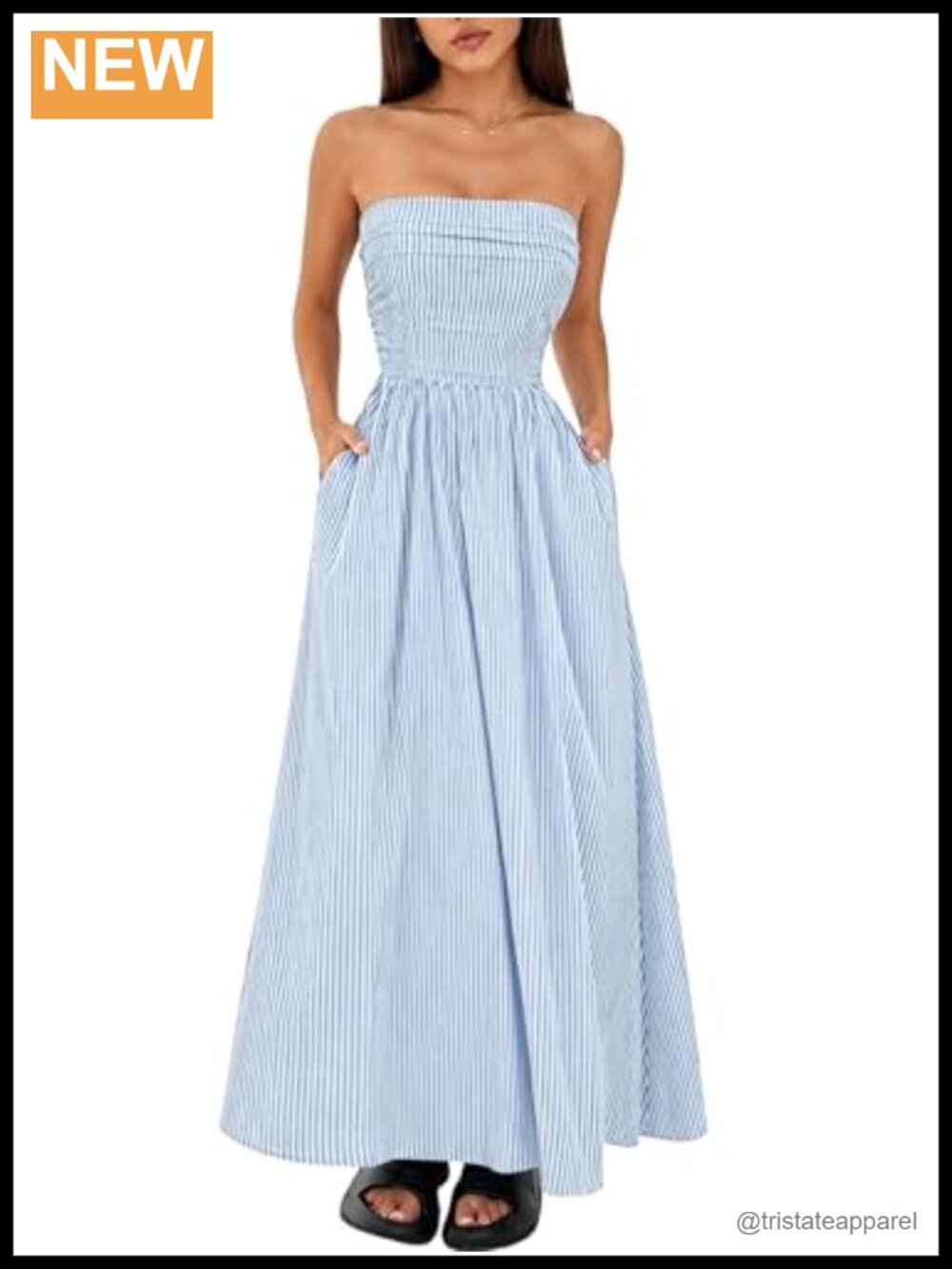Fhykiss Striped Strapless Smocked Maxi Dress Sleeveless with Pockets